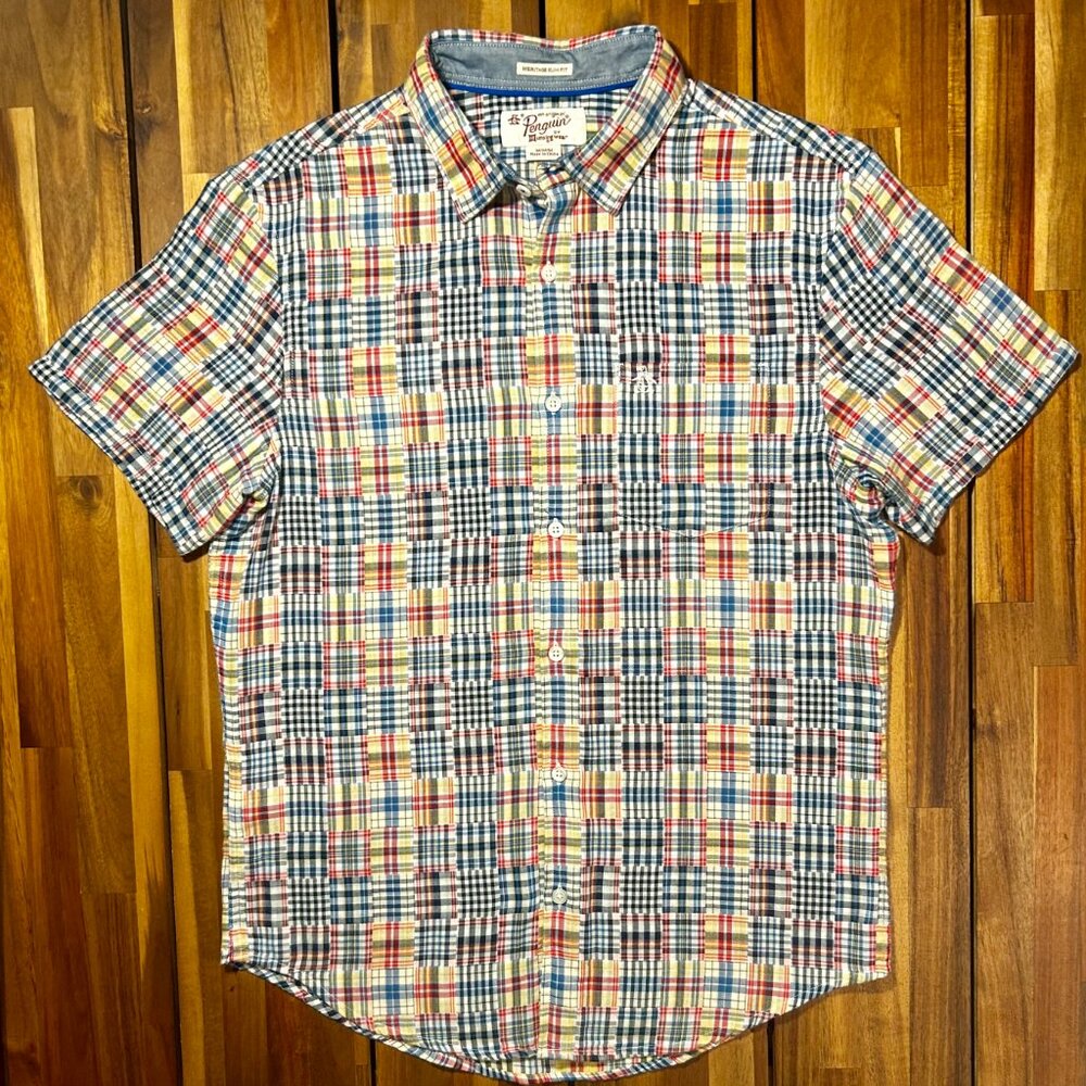 Penguin - Slim Fit Patchwork Plaid Short Sleeved Button-Up